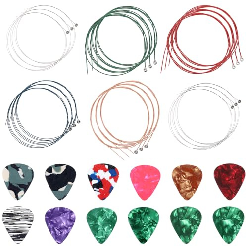 3 Sets Ersatz Stahlgitarrensaiten mit 12 Stück Celluloid Gitarrenpflücken Gitarrensaiten, Mehrfarbige Gitarrensaiten für elektrische und akustische Gitarre (3 Größen, 6 Teile pro Set)