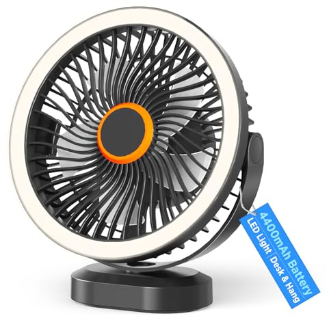 Lepwings Desk Fan Rechargeable, 4400mAh Portable Fan, 8 Inch Cordless Table Fan with LED Light, 3 Speeds Super Quiet, 360° Tilt, Mini USB Desktop Fan for Office Bedroom Camping Table Travel Outdoor