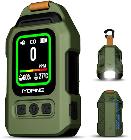 Detector de monóxido de Carbono portátil con 300 Horas de autonomía de batería, termohigrómetro, Alarma y luz de Emergencia – Ideal para Camping y Viajes