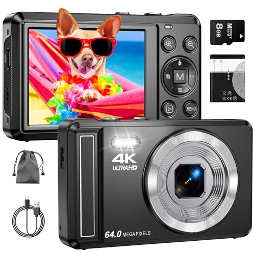 4K 64MP Digitalkamera mit Mikro-SD-Karte, Autofokus Fotoapparat mit 16X Digitalzoom Tragbar Kompaktkamera mit 1200mAh Batterie, USB-Kabel, für Teenager Erwachsene Anfänger
