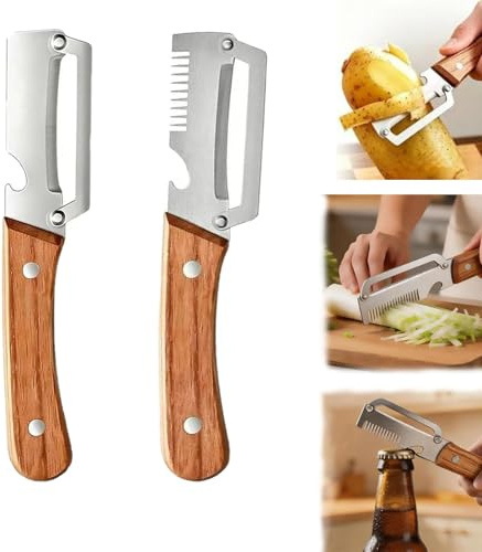 ZFFAFUR 2 Pack 3-in-1 Multifunctional Vegetable Peeler – Stainless Steel Kitchen Peeler with Julienne Slicer & Bottle Opener, Ergonomic Wooden Handle for Potato, Fruit, Carrot, Pumpkin