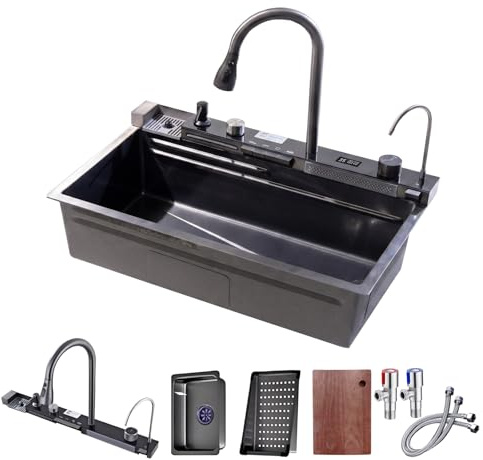 SINKONE Évier de Cuisine en Acier Inoxydable Multifonction, avec Cascade, Affichage Numérique de la Température, Robinet Extractible, Rince-Verres et Planche à Découper (80x45x22cm)