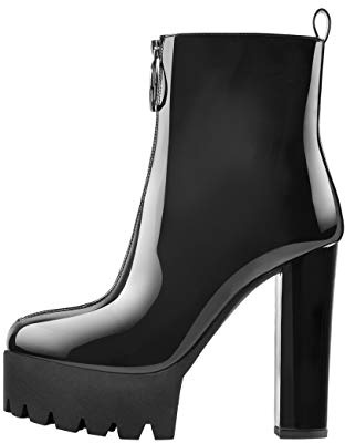 Only maker Damen Stiefeletten Plateaustiefel Bequeme Elastische Knöchelstiefel Blockabsatz Reißverschluss Schwarz Lack 46 EU