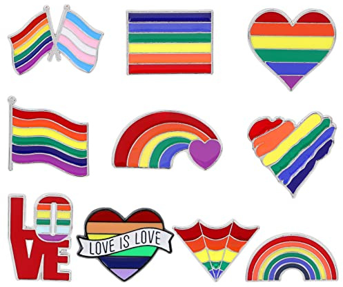 MWOOT 10 Stücke Regenbogen Homosexuell Stolz Broschen, LGBT Rainbow Gay Pride Pins Kit, LGBTQ Regenbogen Flagge Pin Accessories für Kleidung Revers Tasche Rucksack Dekoration