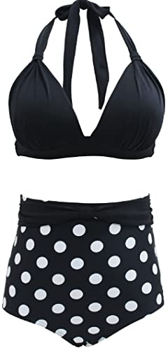 Bslingerie® Dam halter retro hög midja bikini baddräkt 2 st set, Polka prickar, L