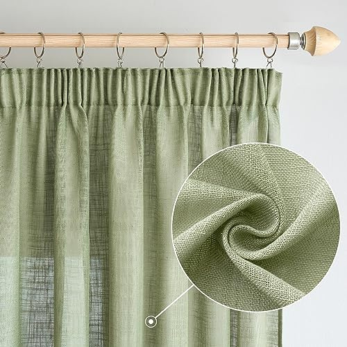 Woaboy Leinen Gardinen mit Kräuselband Vorhänge Wohnzimmer Leinenoptik Halbtransparent Stores Gardine Schlafzimmer Modern Schlaufengardinen 2er Set 140x245cm (BxH) Grün