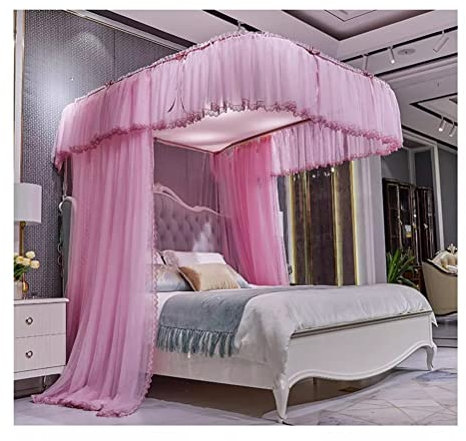 Betthimmel Schlafzimmer-Prinzessin-Betthimmel-Moskitonetz mit U-förmiger Metallstütze, doppellagige, luxuriöse, romantische, dekorative Bettvorhänge (Color : Pink-2, Size : 150X200CM)
