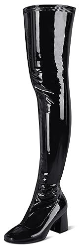 syztsho Women's Thigh High Boots Patent Leather Chunky Heel Gogo Boots