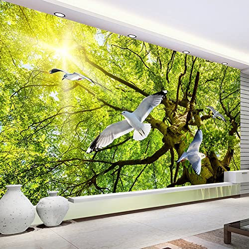 MERVOS Tapete Wandbild 3D selbstklebende PVC-Wandmalerei natürliche Landschaft Sonnenschein grün Baum Taube Wohnzimmer Schlafzimmer Dekoration Tapete