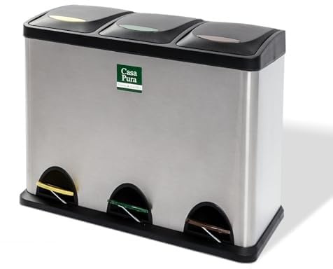 casa pura Mülleimer Trennsystem Brandon | Testurteil Gut | Treteimer aus Edelstahl | Abfalleimer für die Mülltrennung in der Küche, Mülltrennsystem | 2 Größen (3 x 8 Liter inkl. Müllbeutel)
