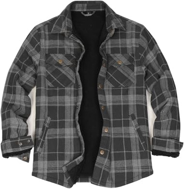 ZENTHACE Herren Sherpa gefütterte Flanellhemdjacke, langeärmelige gebürstete karierte Flanell Shacket Jacken, Druckknopf
