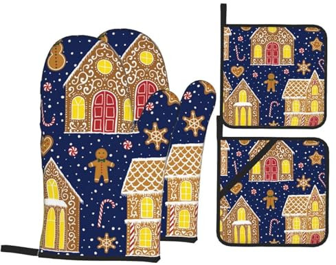 Ofenhandschuhe und Topflappen, Lebkuchenhaus-Set, hitzebeständig, Küchen-Backhandschuhe, rutschfeste Oberfläche zum Kochen, Backen, Grillen, Grillen