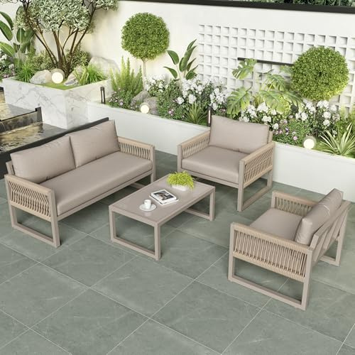 Kebnor Garten-Lounge-Set mit verzinktem Eisenrahmen, Lounge-Set aus khakifarbenem Seil mit Sitzkissen, verstellbaren Füßen, glatter Glasplatte, 4er-Set, inklusive Aller Kissen (Khaki)