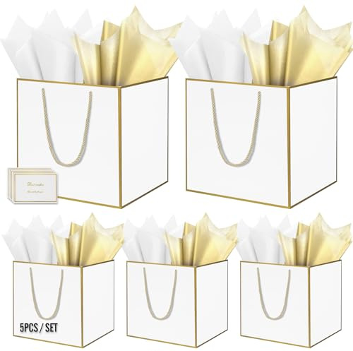 HONTIUS 11.8 Quadratische Geschenktüten, Geschenktüten Groß Geschenktüte xxl mit Taschentuch und Karten, Weiß Goldene Linie Geschenk Tüte Papiertüten mit Henkel 30 * 30 * 30cm Gift Bag Bags 5 Stück