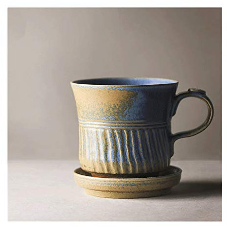 Juego de tazas de café de cerámica hechas a mano, taza de cerámica azul vintage de 13 onzas con platillo para la oficina y la hora del té, diseño artesanal único para los amantes del café