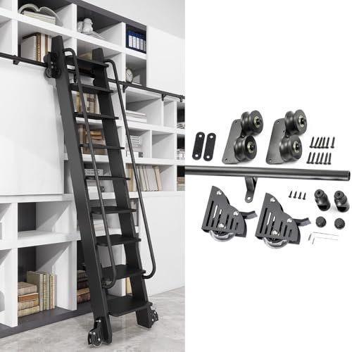 Schiebeleiter-Bausatz, 3,3–24 Fuß, rollender Bibliotheks-Hardware-Bausatz, Bibliotheksschiene mit Rädern, Mehrzweck für Lofttreppen/Bücherregale, Schwarze Schienenschiene, Mobile Gleitschien