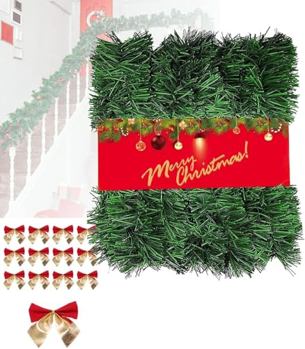 10 Metros Guirnalda Navidad + 3cm 45Pcs Lazos, Adornos Navideños Decoración, Decoracion Navidad para Exterior, Chimenea, Escaleras, Puertas, Ventanas