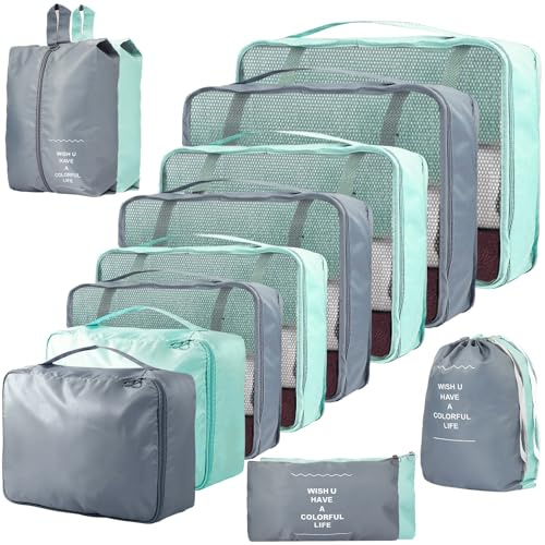 14-teilige Zweifarbige Koffer Organizer, Kofferorganizer Reisezubehör – Packwürfel, Packing Cubes & Packtaschen, Ordnungssystem für Koffer bei Urlaub & Reisen (14, Grau & Graublau)