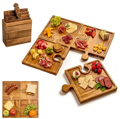 Set di 4 taglieri per salumi puzzle, taglieri per salumi puzzle ad incastro con scatola portaoggetti e manico, piatto per formaggi in legno, taglieri puzzle in legno per servire (with Storage Box)