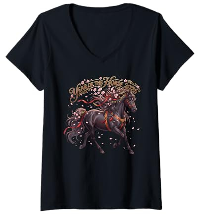 Femme Année du Cheval 2026 Cheval Fleur de Cerisier Nouvel an Chinois T-Shirt avec Col en V