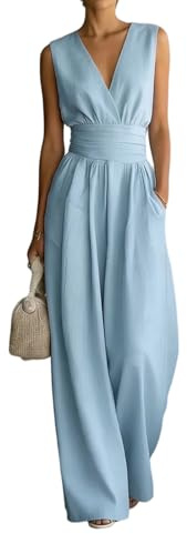 Generisch Jumpsuit Damen Sommer Elegant Overall Damen Festlich Lang Weites Bein Hosenanzug Frauen Hochzeitsgast Jumpsuits Mit Tasche Overalls V Ausschnitt Playsuit Buisness Romper Kuschelig Onesie