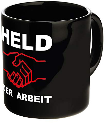 ostprodukte-versand Tasse Held der Arbeit - Keramikbecher Schwarz 300ml | Spülmaschinengeeignet – Lustiges Geschenk & Bürotasse für Kollegen – Porzellanbecher mit Henkel