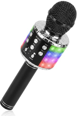 ShinePick Microphone Karaoke sans Fil, Micro Karaoké Bluetooth Portable avec LED Lumière Disco pour Enfants/Adultes Chanter, Compatible avec Android/iOS/PC/Smartphone (Noir)