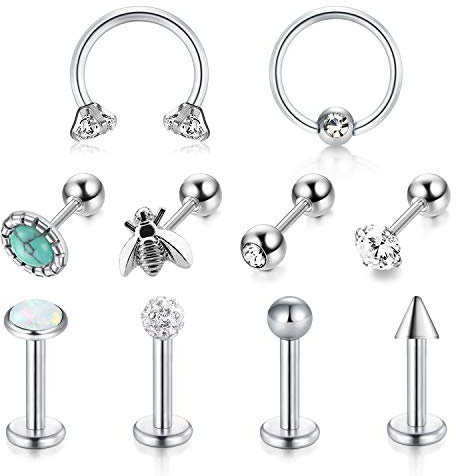 Lauritami, 10 piercing per padiglione auricolare e trago, 6 mm, motivi vari, 16G, in acciaio chirurgico, con cristalli di zirconia cubica e Acciaio inossidabile, colore: Stile 4, cod. KA1203-ZH-1