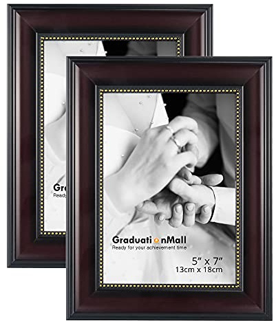 GraduationMall 5x7 Picture Frames, Real Glass, Display Photos for Wall or Tabletop, Mahogany with Gold Beads, 2-Pack