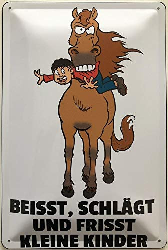 Blechschild 30 x 20 cm Warnschild: Pferd beisst, schägt und frisst kleine Kinder ! - Deko7