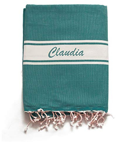 Amikado - Fouta Classique brodée (Bleu Canard) - 100% Coton 190gr - 200x100 cm - Drap de Plage XXL