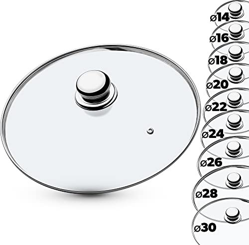 KADAX Glasdeckel mit Griff aus Stahl, hitzebeständiger Deckel für Topf ⌀14-30cm, Deckel mit Dampfloch, Universaldeckel in verschiedenen Größen, leichter Topfdeckel, spülmaschinenfest (30cm)