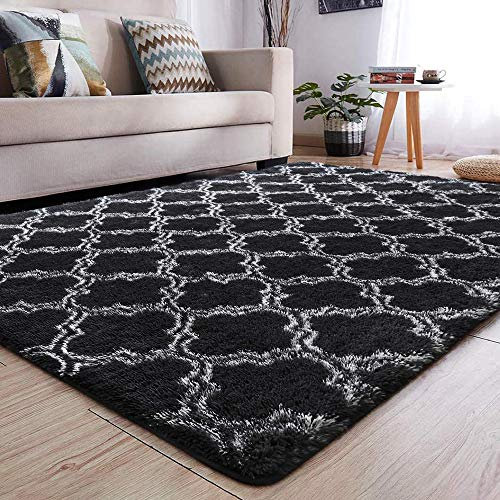 Calore Teppiche Schlafzimmer Flauschig Weicher Hochflor Teppich Anti-Rutsch-Teppich Wohnzimmer Moderne Teppiche Waschbarer (160 x 230 cm, Schwarz Weiß)