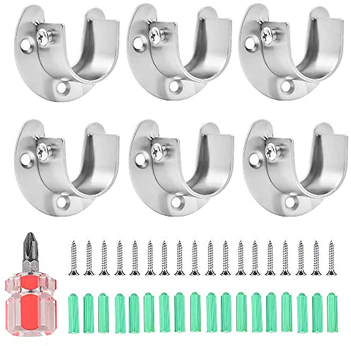 6 Stück Edelstahl Schrank Pole Steckdosen, U-förmige Stabhalter, Silber | Schwere Leistung Schrank Rod End Unterstützungen, Flansch Set für Kleiderschrank Duschvorhang
