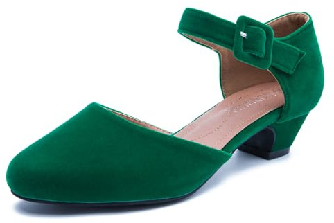 LIURUIJIA Women's Closed Toe Low Chunky Heel Pumps Ankle Strap Dress Shoes for Work Wedding Party Green Velvet 42 US 9
