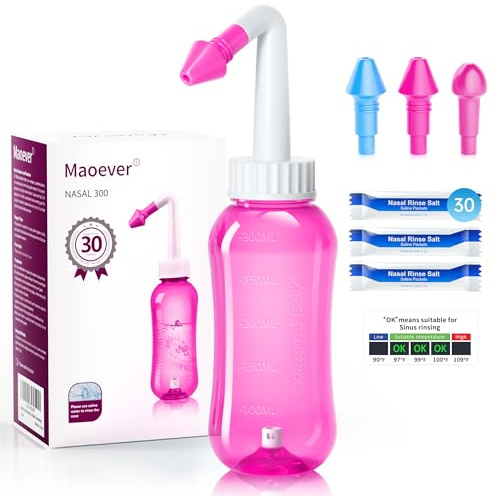 Nasendusche Set, Nasenspülkanne zur Nasenreinigung und Nasenspülung，BPA-frei, 302 ml, mit 30 Nasenwasch-Salzpaketen und Aufkleberthermometer(Rosa)