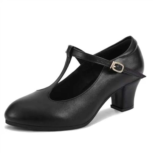 Sogebo T-Strap Ballroom Dance Shoes Womens Salsa Character Pumps Dress Heels, Black 5.5 M US