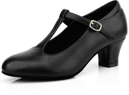 Sogebo T-Strap Ballroom Dance Shoes Womens Salsa Character Pumps Dress Heels, Black 8.5 M US