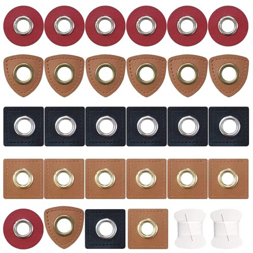 WACH AUF 60 PCS Oesen Patches, Ösen Kunstleder Leder Ösen Patches Mix Öesen, Ösenpatches Kit mit zwei Rollen 30m Nähgarn, Lederimitat Ösenpatch zum Kleidung Annähen auf Hoodies Sweatjacken Pullover