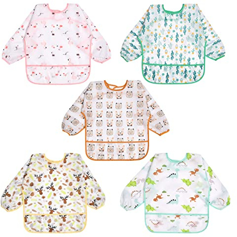 Vicloon Lätzchen Baby mit Ärmel, 5PCS Ärmellätzchen Wasserdicht, Baby Bibs Set, Unisex Lätzchen Set für Essen Kunst Handwerk Malerei Bemalen Spielen für 6-24 Monaten
