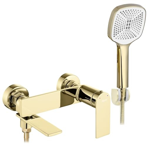 Rea Badewannenarmatur STORM GOLD Wasserhahn Badewanne Einhebel Wannenarmatur mit Handbrause Badarmatur aus Messing Mischbatterie Wandmontage (Gold)