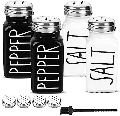 4 Pack Salt and Pepper Shakers Set, Glass Salt Shaker with Stainless Steel Lid, Modern and Cute Farmhouse Salt and Pepper Set (Black and White)