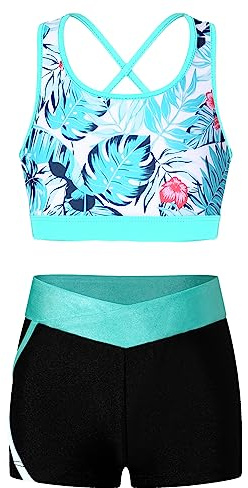 dPois Ensemble Sport Fille Enfant Tenue Gymnastique Danse Costume Patinage Haut Court Tank Top + Short Danse Tenue Yoga Gym Fitness 3-16 Ans E Feuille 9-10 ans