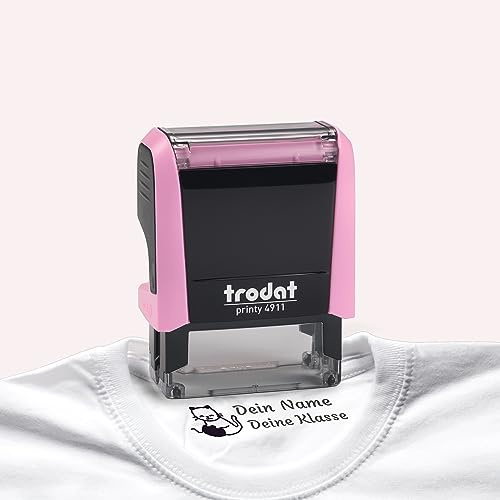 Trodat Printy Personalisierter Textilstempel für Kinder - mit Motiven zur Auswahl und maximal 2 Zeilen Text, Selbstfärbend, Abdruck Schwarz, Gehäusefarbe Pastellrosa
