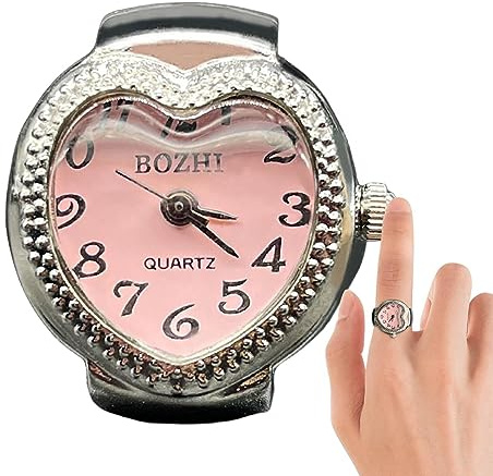 Lambo Punk-fingerklocka – rund kvartsklocka i hjärtform | hjärtformade klockor med fingerring för kvinnor och män, ROSA, 1