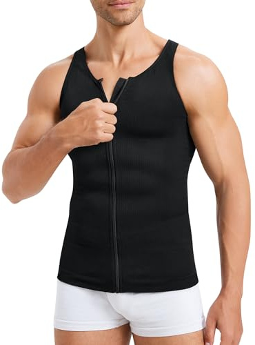 MOLUTAN Herren Body Shaper Tanktop Kompressions-Shirts, ärmellos, schlankmachend, Unterhemd, Gynäkomastie, Shapewear mit Reißverschluss, Schwarz, Medium-Large