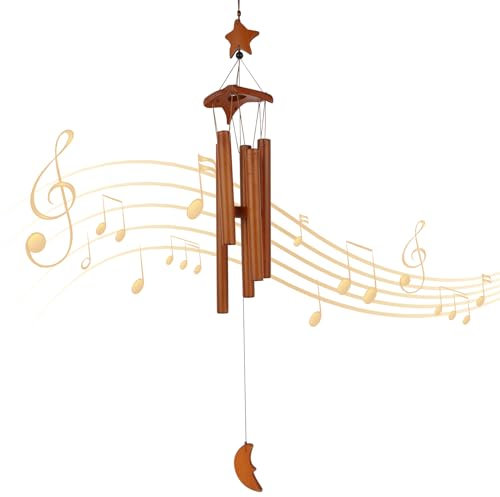 Carillón Viento Bambú, 70cm Carillón Viento Bambú, Carillón De Viento Estrella Luna con 5 Tubos A Juego, Carillón De Viento para Colgar En El Exterior para Decoración De Jardín, Patio Y Casa