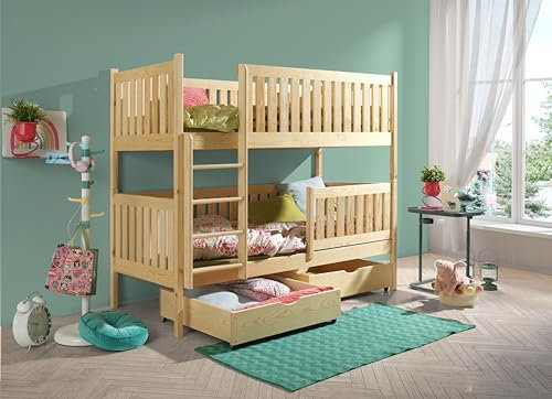 KEF Gabrielle Etagenbett Kinder 80x160 cm - Holz Kinderbett - für Zwei Kinder - Holzbett mit Schubladen - Massivholz Kinder Bett mit Lattenrost - Kiefer - ohne Matratze - Leiter Rechts
