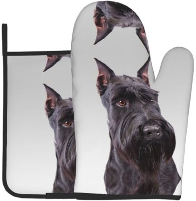 Niedliches Schnauzer-Hunde-Ofenhandschuhe und Topflappen-Set, personalisierbar, bedruckt, sicher, hitzebeständig, rutschfest, für Küche und Kochen