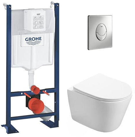 WC Suspendu Pack Complet Accessoires - Pack WC Grohe Bâti autoportant, WC SAT Infinitio sans bride, Plaque chrome, Abattant WC,Cuvette Toilette, Chasse d'eau Wc, Mécanisme